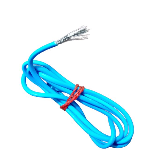 Blue 1.5mm Heat Resistance High Temperature Wire - shown coiled and secured with a red twist tie, featuring exposed silver-coloured stranded wire.