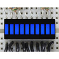 Blue 10 Segment Light Bar Graph LED Display - ten illuminated blue rectangular segments mounted on a white breadboard with connected wires.