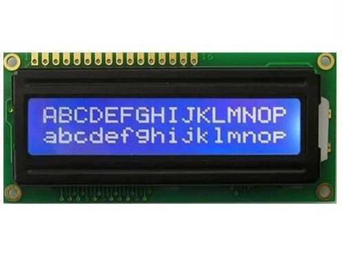 Blue 1602 LCD 16x2 Character LCD Arduino Display For Arduino - a rectangular green circuit board with a blue backlit screen displaying two lines of letters.