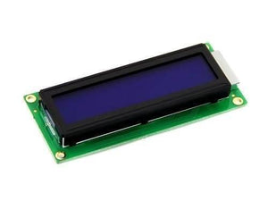 Blue 1602 LCD 16x2 Character LCD Arduino Display For Arduino - shown as a rectangular green circuit board with a blank blue screen and a silver pin header.