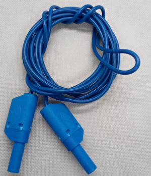 Blue Banana Clip Wires 2 Meter - High Quality Testing Leads - a coiled blue cable with a banana plug connector at each end against a white textured background.