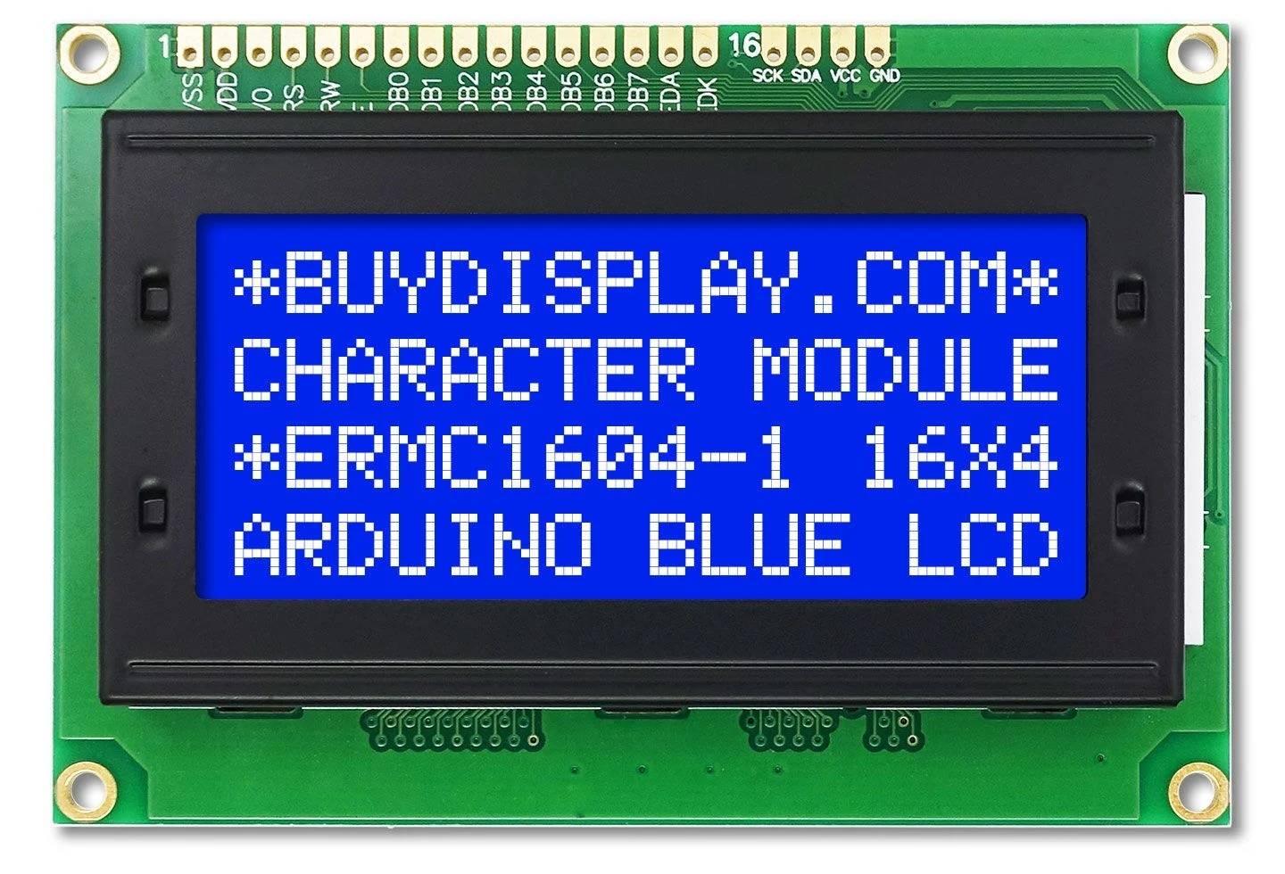 Blue Color 1604A LCD 16x4 LCD Display 1604 LCD Display - a rectangular module with a blue backlit screen displaying four lines of white text and a row of pins at the top.