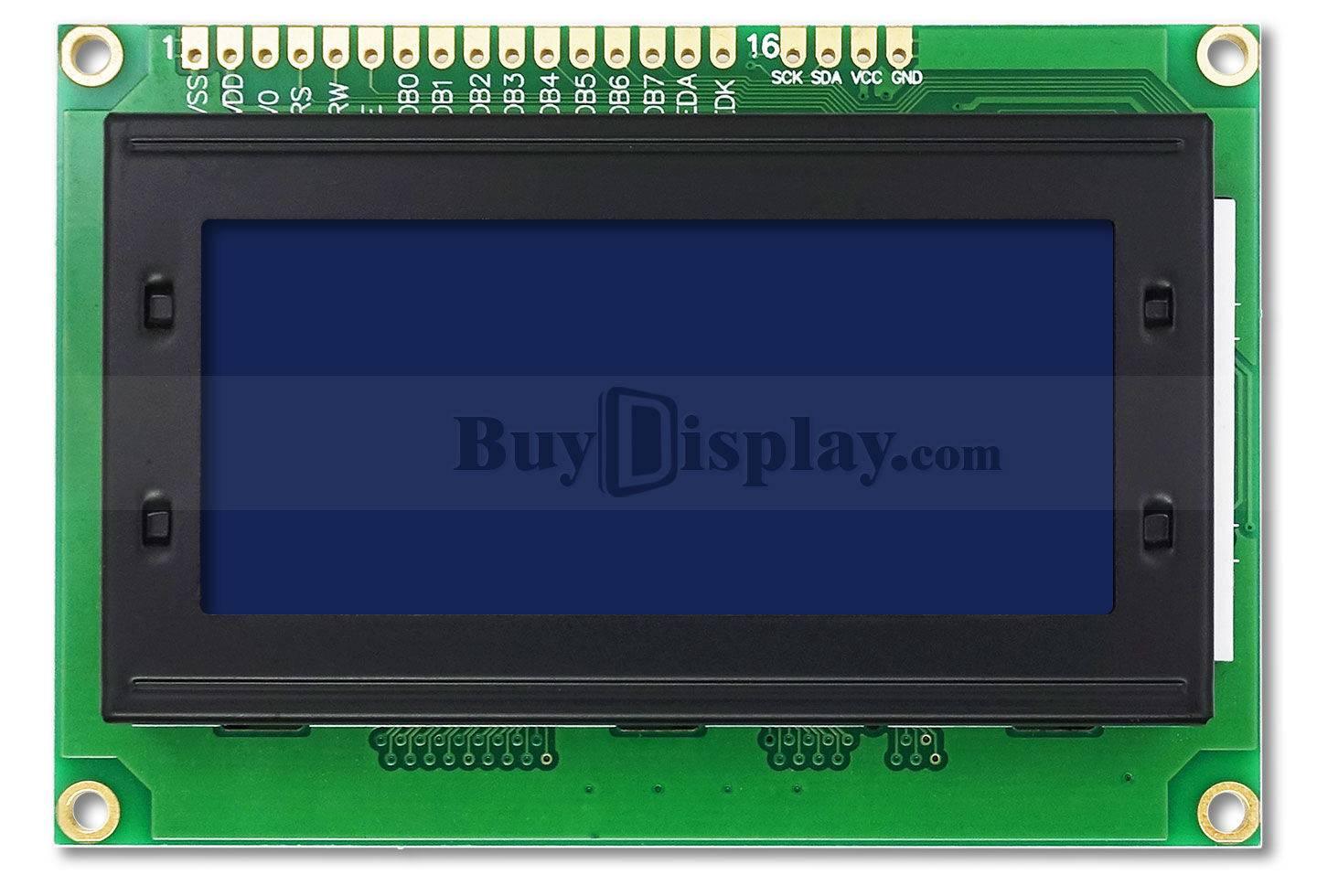 Blue Color 1604A LCD 16x4 LCD Display 1604 LCD Display - a rectangular blue screen on a green circuit board with sixteen pin connectors along the top edge and a watermark logo.