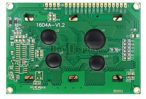 Blue Color 1604A LCD 16x4 LCD Display 1604 LCD Display - the green circuit board back side with four black controller chips, solder pads, and a 16-pin connector interface.