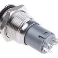 Blue Color 16mm Water Proof Metal Power Switch With Light Push On Push Off Spdt - shown as a silver-toned cylindrical metal button with a grey plastic base and five metal connector pins.