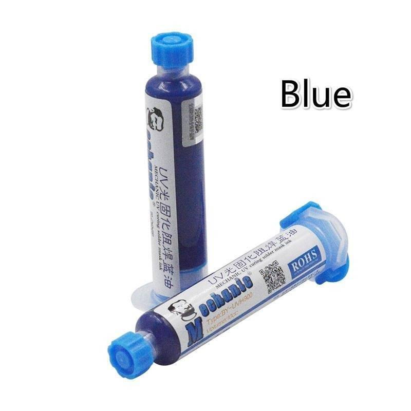 Blue Mechanic UV Curable 10CC Solder Mask Ink PCB Fixing Repairing Welding Oil Paint Prevent Corrosive Arcing - two blue plastic syringes of PCB repair oil with blue caps and product labels.