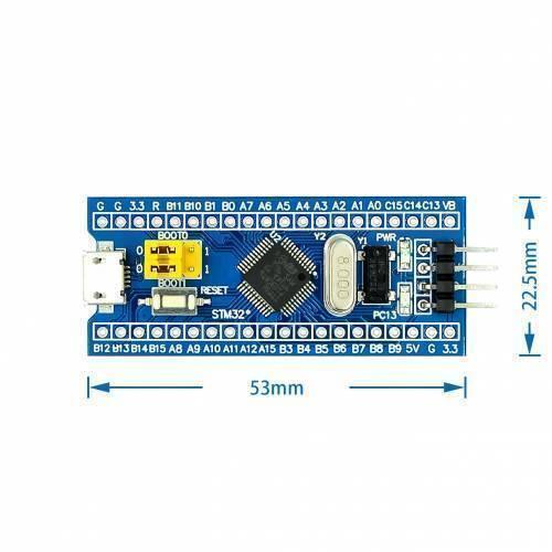Blue Pill Clone GDS32F103C8T6 STM32F103 Clone - a blue rectangular development board with a micro USB port, reset button, jumpers, and dimension labels.