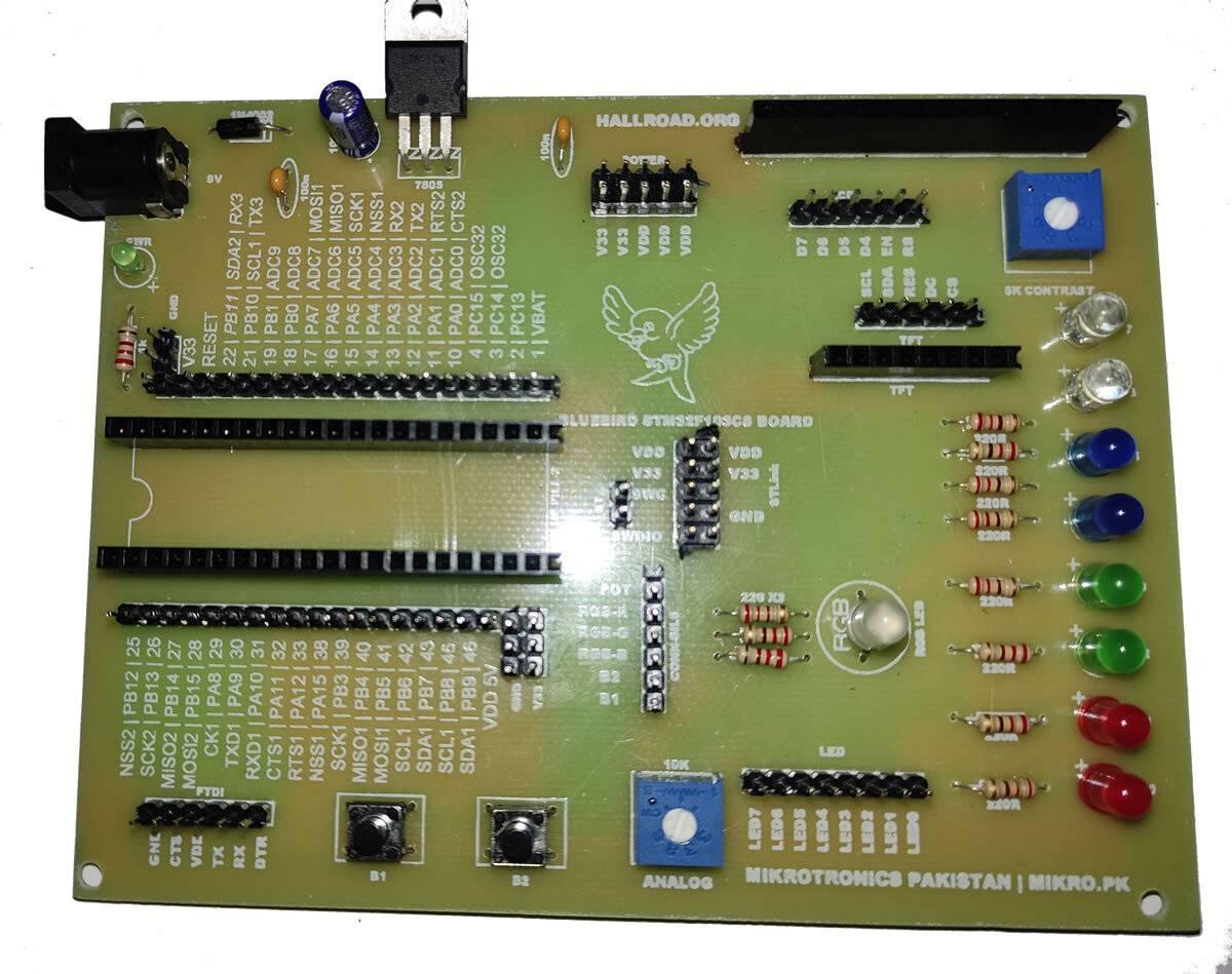 Bluebird STM32F103C8 Bluepill Host Playground Made - a green PCB, multiple pin headers, a power jack, two potentiometers, and several LEDs.