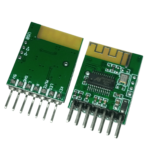 Bluetooth 4.0 Audio Receiver Stereo Wireless Speaker Module - two green circuit boards with pin headers, antenna patterns, and labeled ports.