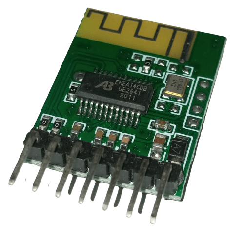 Bluetooth 4.0 Audio Receiver Stereo Wireless Speaker Module - a green circuit board with a chip, antenna, and a row of six metal connector pins.