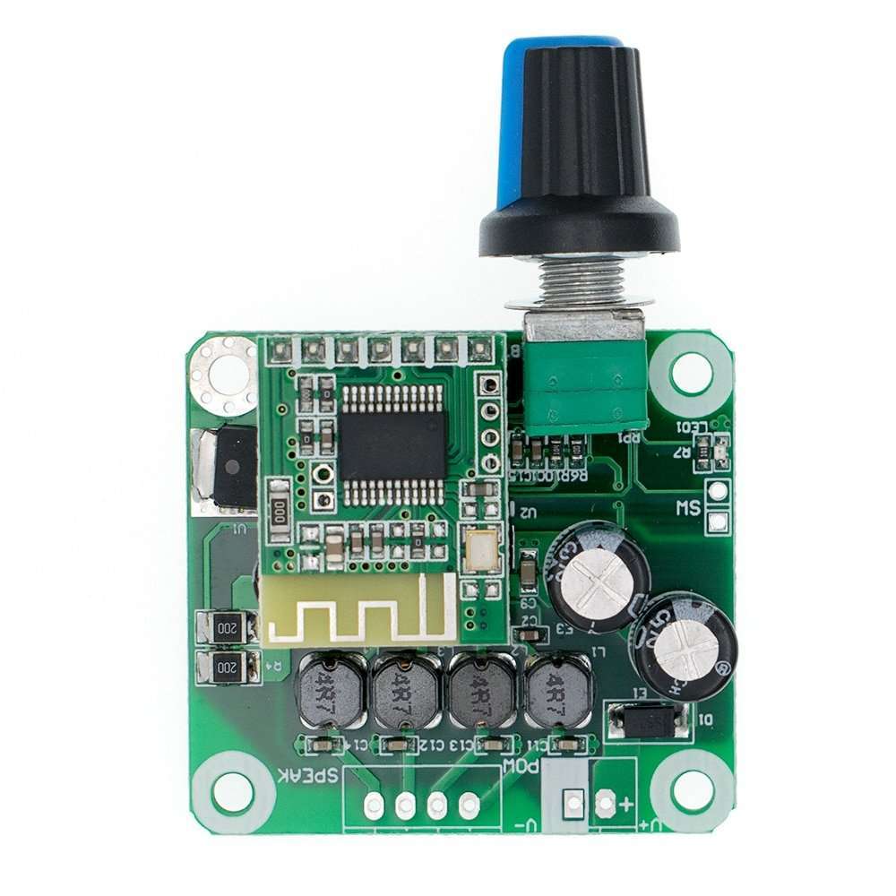 Bluetooth 4.2 TPA3110 15W+15W Digital Stereo Audio Power Amplifier Board Module 12V-24V Car For USB Speaker,portable Speaker - a green circuit board with a black volume knob and four inductors.