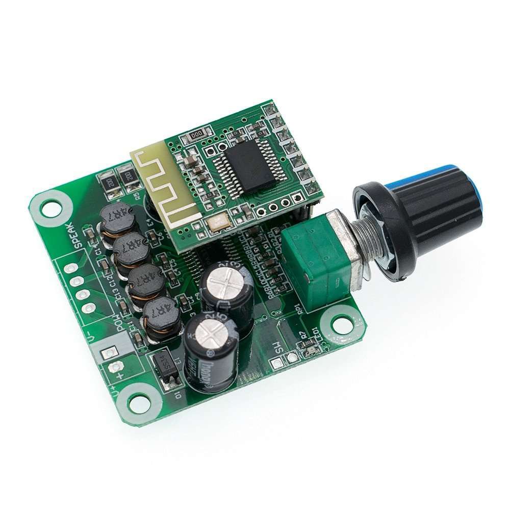 Bluetooth 4.2 TPA3110 15W+15W Digital Stereo Audio Power Amplifier Board Module 12V-24V Car For USB Speaker,portable Speaker - a green circuit board with a black volume knob and antenna.