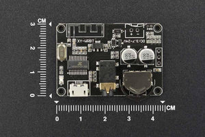 Bluetooth 5.0 Audio Receiver Board-controllable Volume - shown as a black circuit board with a micro USB port, 3.5mm audio jack, and ruler for scale.