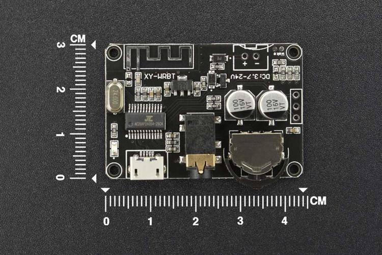 Bluetooth 5.0 Audio Receiver Board-controllable Volume - shown as a black circuit board with a micro USB port, 3.5mm audio jack, and ruler for scale.