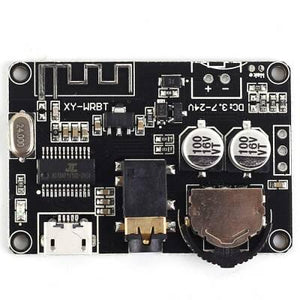 Bluetooth 5.0 Audio Receiver Board-controllable Volume - a black rectangular circuit board featuring a micro-USB port, a 3.5mm audio jack, and a volume control knob.