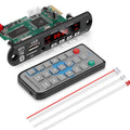 Bluetooth USB MP5 Video Fm Radio Kit Player - the circuit board with display, remote control, and two white connector cables on a white background.