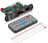 Bluetooth USB MP5 Video Fm Radio Kit Player - the circuit board with display, remote control, and two white connector cables on a white background.