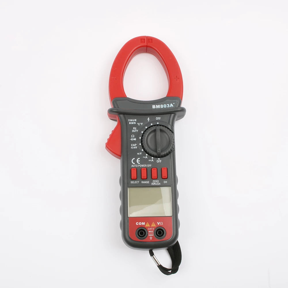 BM803A+ True RMS AC DC Clamp Meter - red jaw, dark body with rotary selector and wrist strap