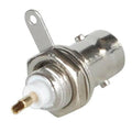 BNC Chassis Mount Female Connector With Ground Tab Opek At-7031 - silver-coloured metal connector featuring a central pin and a side ground tab.