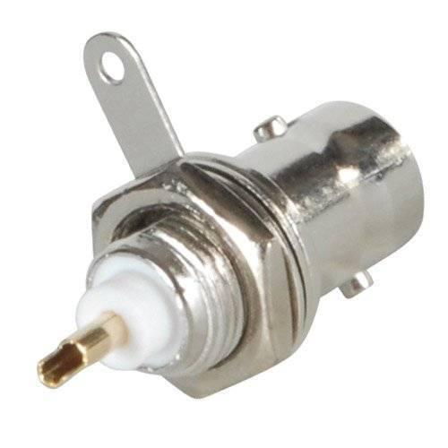 BNC Chassis Mount Female Connector With Ground Tab Opek At-7031 - silver-coloured metal connector featuring a central pin and a side ground tab.