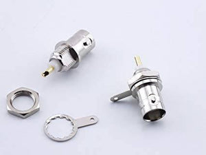 BNC Chassis Mount Female Connector With Ground Tab Opek At-7031 - shown as two silver metal connectors with a mounting nut and a grounding washer.