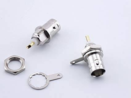 BNC Chassis Mount Female Connector With Ground Tab Opek At-7031 - shown as two silver metal connectors with a mounting nut and a grounding washer.