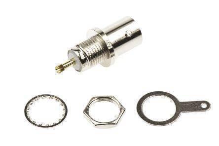 BNC Chassis Mount Female Connector With Ground Tab Opek At-7031 - shown as a silver metal connector with a lock washer, a hex nut, and a ground lug.