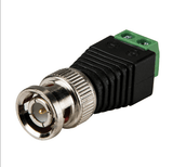 BNC Connector Two-wire BNC-free Solder Video Cable Adapter Network Video BNC Male Green End - a silver BNC male connector attached to a black body with a green two-terminal block.