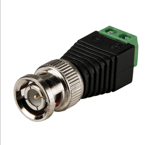 BNC Connector Two-wire BNC-free Solder Video Cable Adapter Network Video BNC Male Green End - a silver BNC male connector attached to a black body with a green two-terminal block.