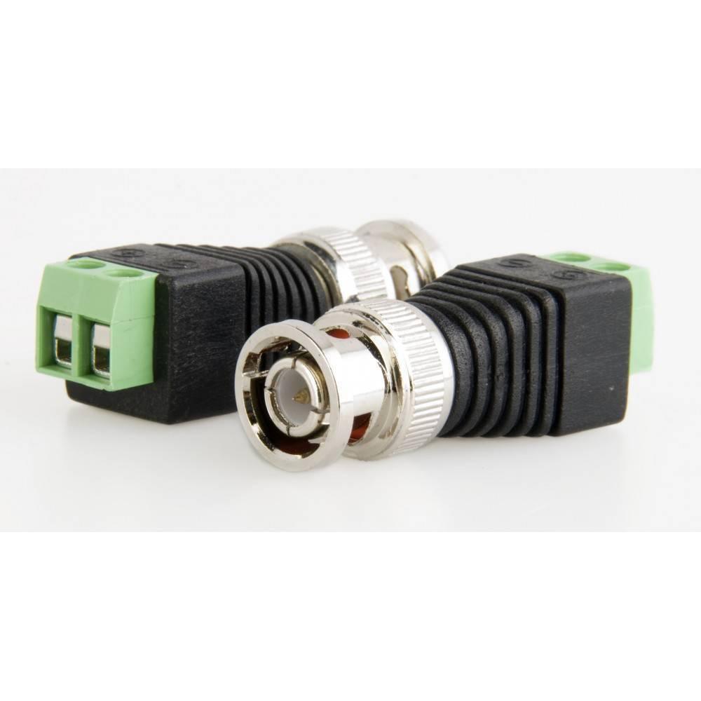 BNC Connector Two-wire BNC-free Solder Video Cable Adapter Network Video BNC Male Green End - two black and silver BNC male connectors with green two-terminal screw blocks.