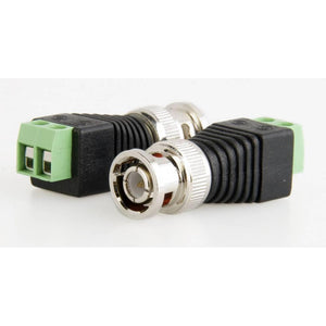 BNC Connector Two-wire BNC-free Solder Video Cable Adapter Network Video BNC Male Green End - two black and silver BNC male connectors with green two-terminal screw blocks.