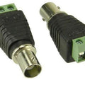 BNC Female Connector With 2-pin Screw Terminal - Cctv Video Adapter - two black and silver BNC adapters with green screw-terminal blocks on a white background.