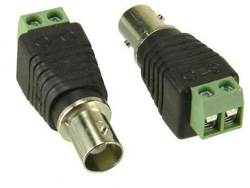 BNC Female Connector With 2-pin Screw Terminal - Cctv Video Adapter - two black and silver BNC adapters with green screw-terminal blocks on a white background.