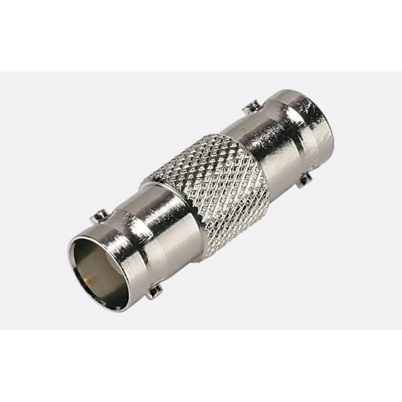 BNC Join / Extension Connector - shown as a silver-colored metal cylindrical adapter with BNC female ports on both ends and a textured center grip.