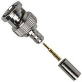 BNC Male Connector - shown as a disassembled three-piece set consisting of the main connector body, a gold-colored center pin, and a metal crimp sleeve.