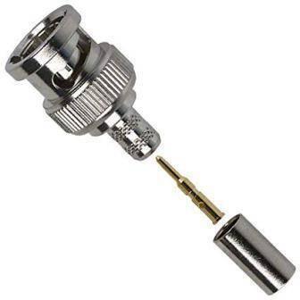 BNC Male Connector - shown as a disassembled three-piece set consisting of the main connector body, a gold-colored center pin, and a metal crimp sleeve.