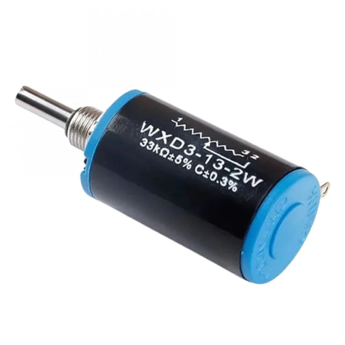 Bochen WXD3-13-2W 33k Ohm Precision Potentiometer | Digilog.pk - a cylindrical black and blue electronic component with a metal shaft extending from one end.