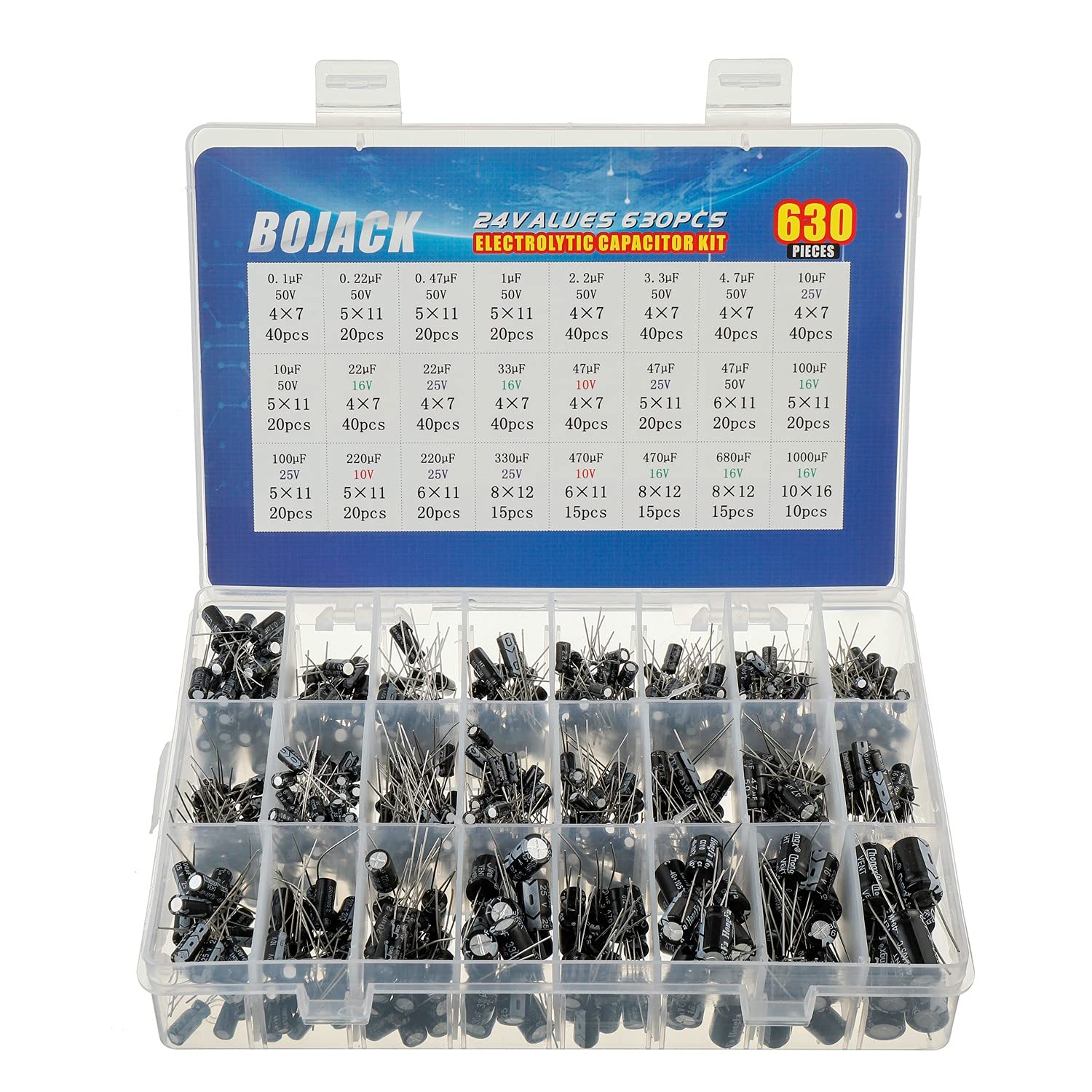 BOJACK 24VALUE 630pcs Aluminum Electrolytic Capacitor Assortment Box Kit Range 0.1uF-1000uF - an open plastic storage box containing various black cylindrical capacitors with a printed value chart.