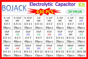 BOJACK 24VALUE 630pcs Aluminum Electrolytic Capacitor Assortment Box Kit Range 0.1uF-1000uF - a specification chart showing a table of 24 capacitor values, voltage ratings, sizes, and quantities.