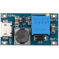 Boost Converter 2A MT3608 Module DC-DC Step-up Module Micro USB - a blue rectangular circuit board with a micro USB port, a 220 inductor, and a knob.
