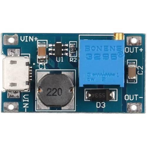 Boost Converter 2A MT3608 Module DC-DC Step-up Module Micro USB - a blue circuit board with a micro USB port, a 220 inductor, and a blue potentiometer.