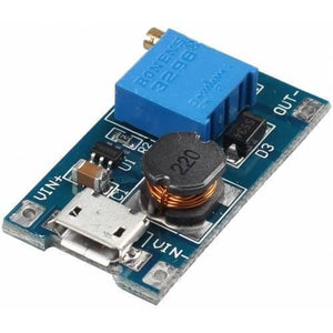 Boost Converter 2A MT3608 Module DC-DC Step-up Module Micro USB - a blue circuit board featuring a micro USB port, a copper inductor, and a potentiometer.
