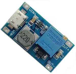 Boost Converter 2A MT3608 Module DC-DC Step-up Module Micro USB - a blue circuit board featuring a micro USB port, a 220 inductor, and a 3296 potentiometer.