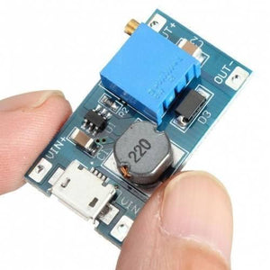 Boost Converter 2A MT3608 Module DC-DC Step-up Module Micro USB - a blue circuit board with a micro USB port and a blue potentiometer.