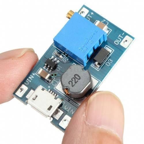 Boost Converter 2A MT3608 Module DC-DC Step-up Module Micro USB - a blue circuit board with a micro USB port and a blue potentiometer.