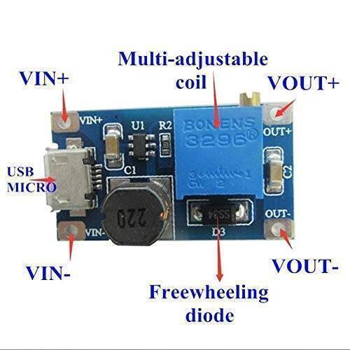 Boost Converter 2A MT3608 Module DC-DC Step-up Module Micro USB - a blue circuit board with a micro USB port, a blue potentiometer, and a coil.