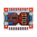 Boost Module 15A 400W DC-DC Step-up Boost Converter Module - a red circuit board with two heatsinks, a copper inductor, blue screw terminals, and potentiometers.