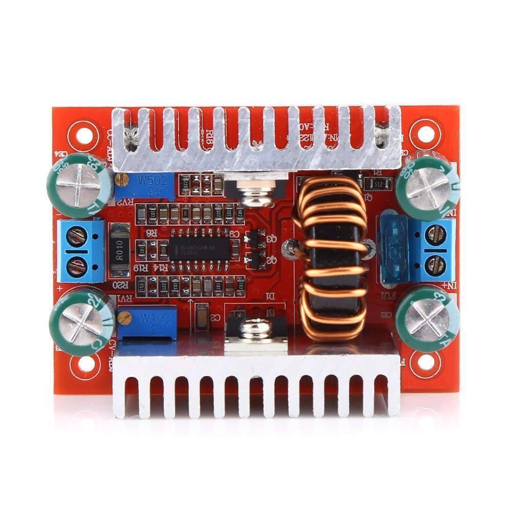 Boost Module 15A 400W DC-DC Step-up Boost Converter Module - a red circuit board with two heatsinks, a copper inductor, blue screw terminals, and potentiometers.