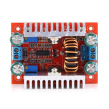Boost Module 15A 400W DC-DC Step-up Boost Converter Module - a red circuit board with two heatsinks, a copper inductor, blue screw terminals, and potentiometers.