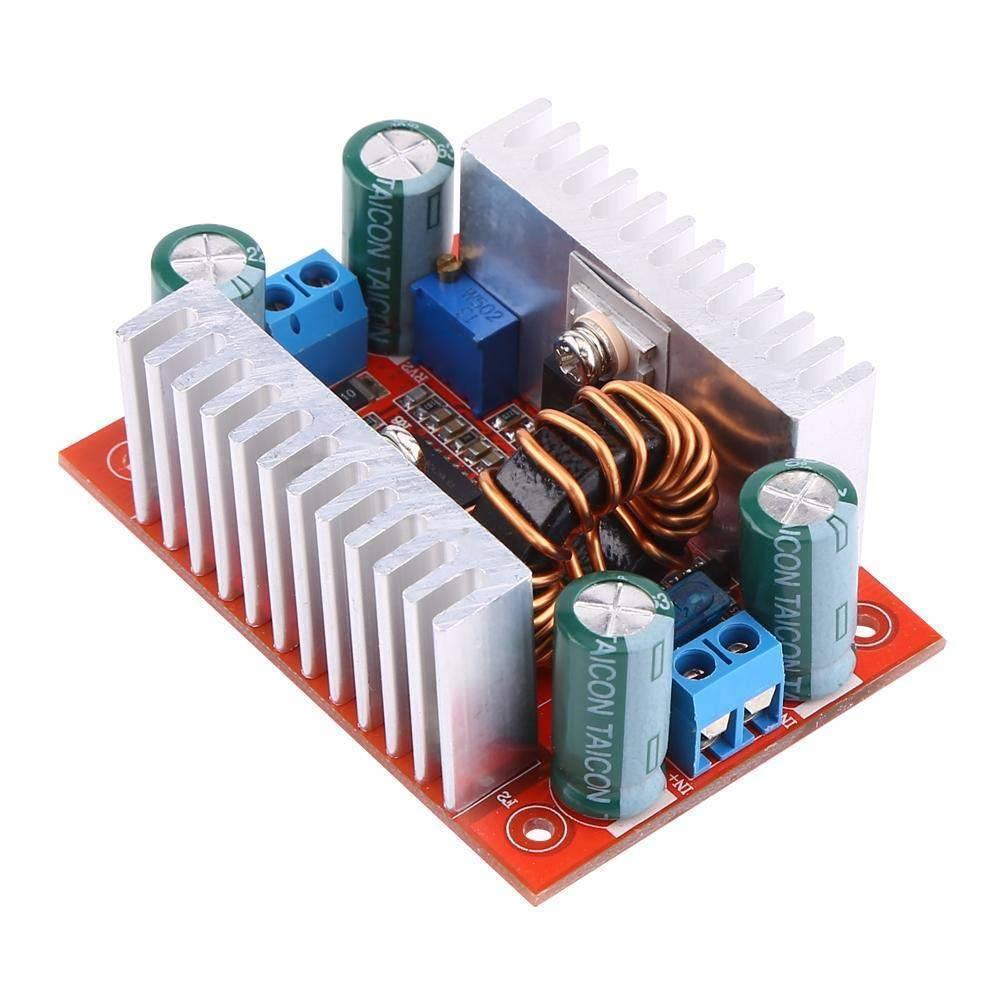 Boost Module 15A 400W DC-DC Step-up Boost Converter Module - a red circuit board, two large silver heatsinks, copper coil, and blue terminals.